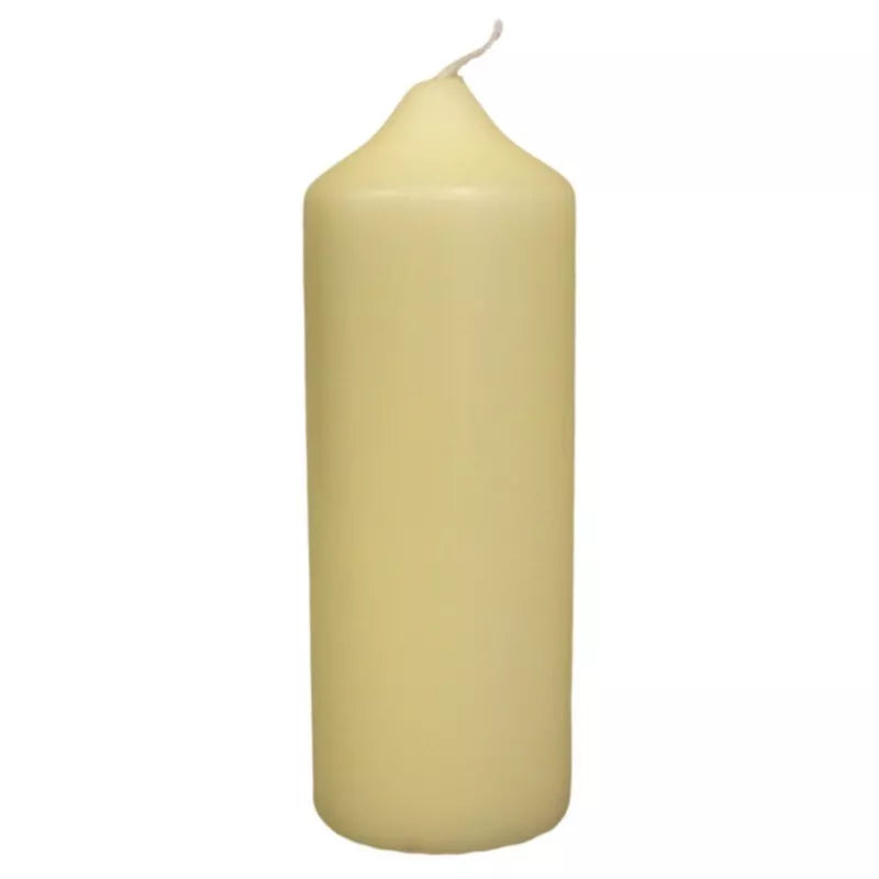 SGI Online beige church pillar candle with smooth surface and slightly curved wick top