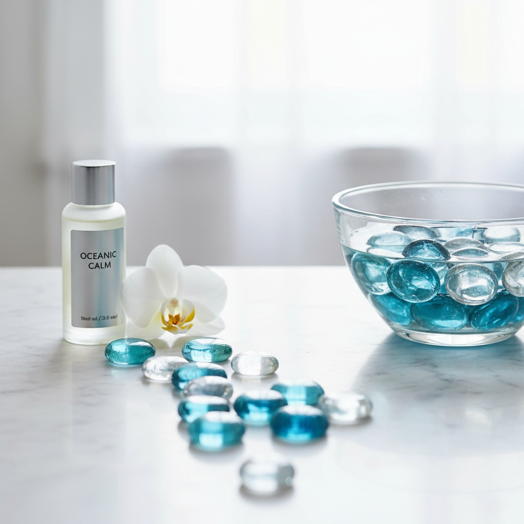 Clear and turquoise decorative stones arranged inside and outside a glass bowl with spa lotion and white orchid
