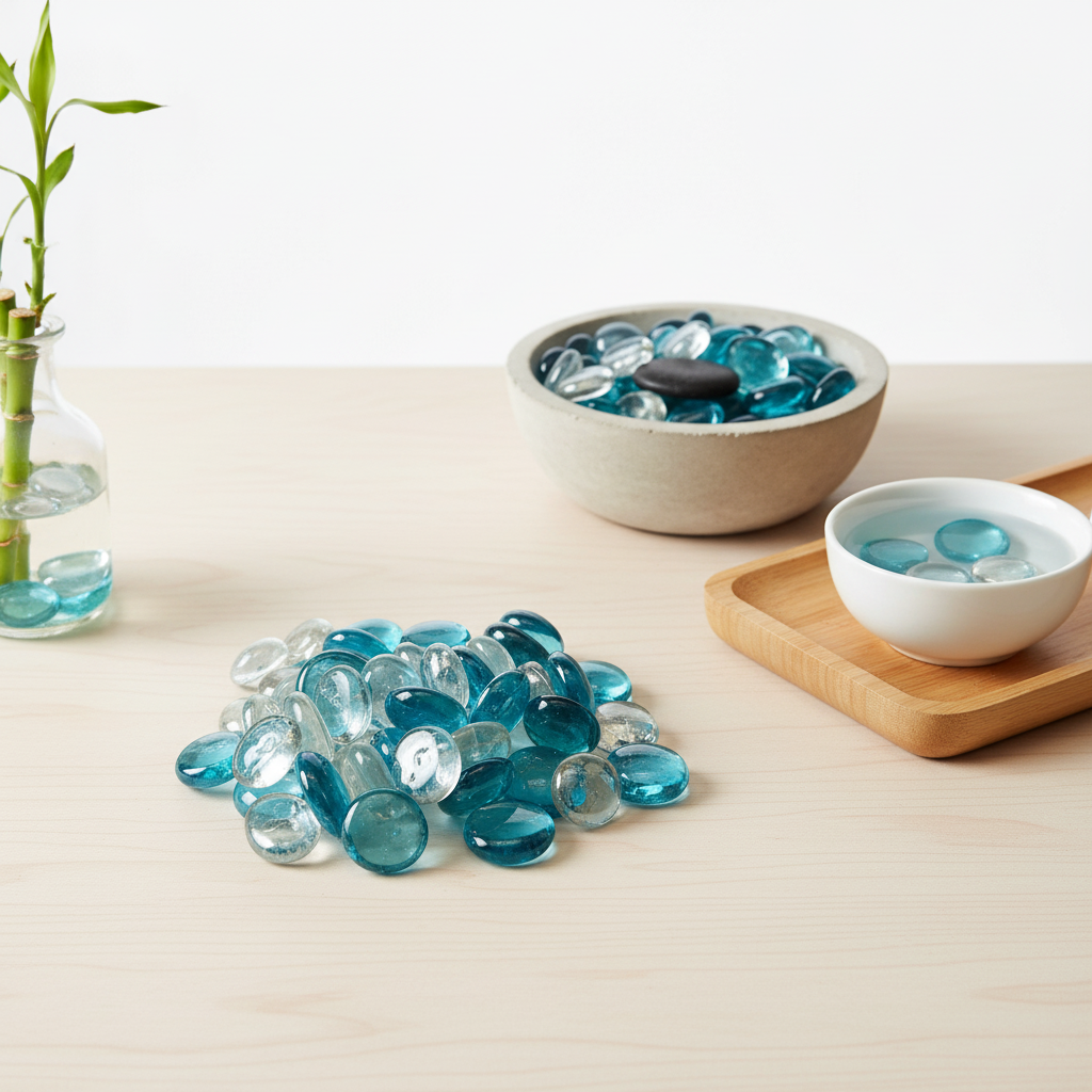 ST0NED glass pebbles in clear and turquoise decorative stones displayed in bowls and on a light wood surface