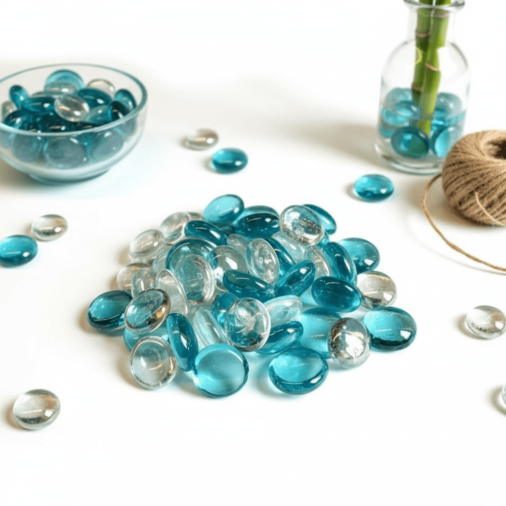 STONED clear and turquoise decorative stones glass pebbles arranged on white surface with vase and bowl SGI Online