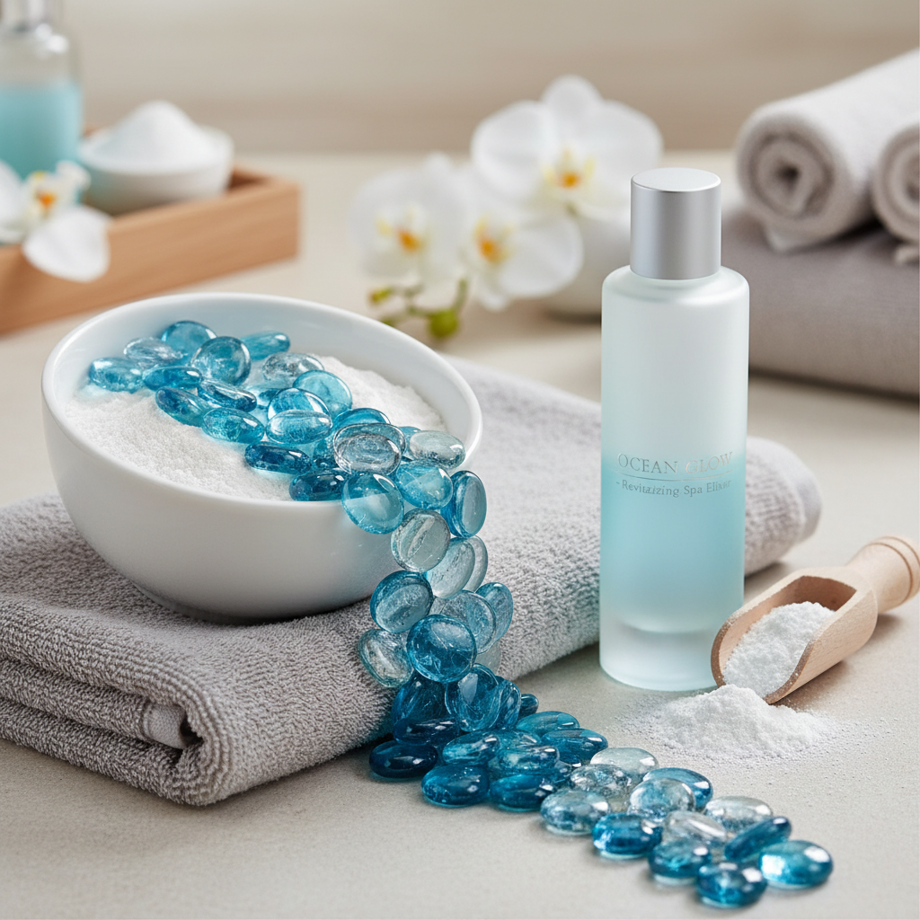 STOED clear and turquoise decorative stones arranged on white bowl and gray towel in spa setting