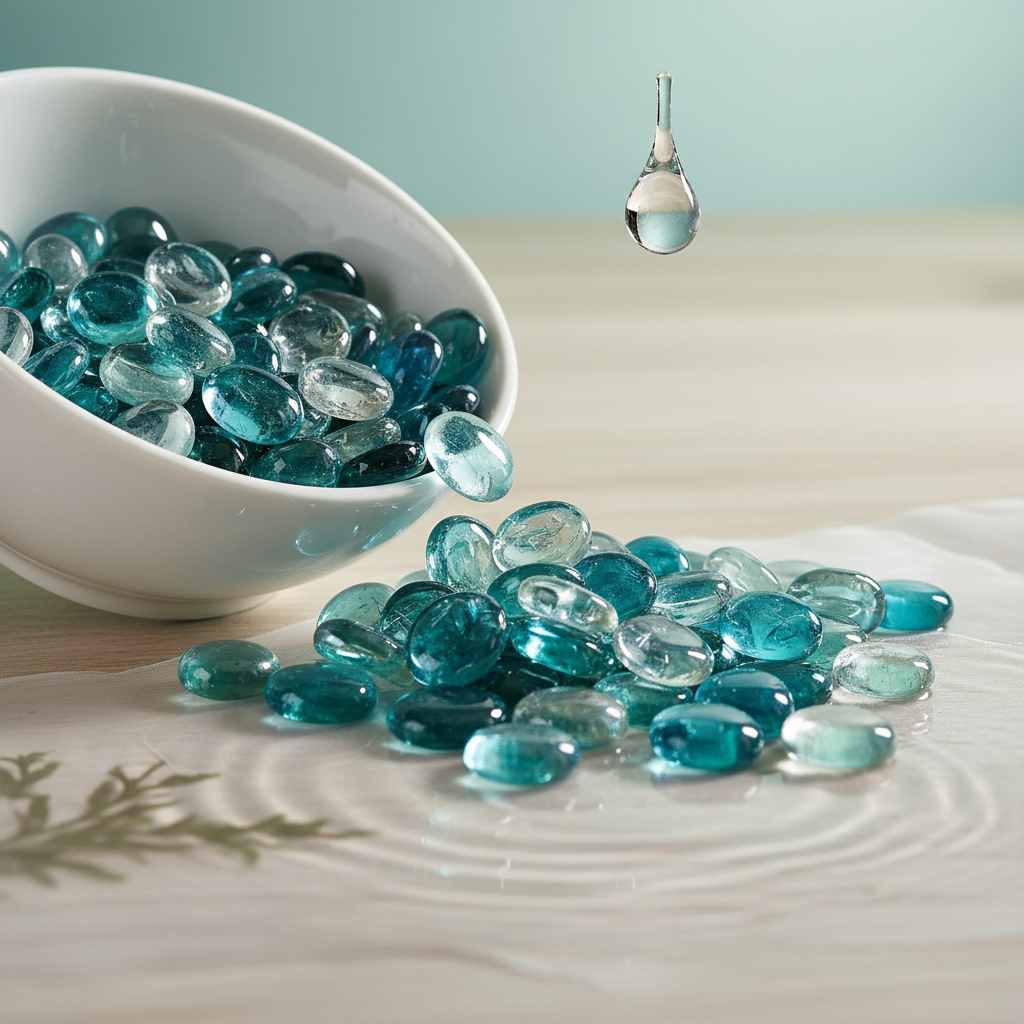 STO NED glass pebbles in clear and turquoise decorative stones spilling from a white bowl on a wooden surface with water droplet