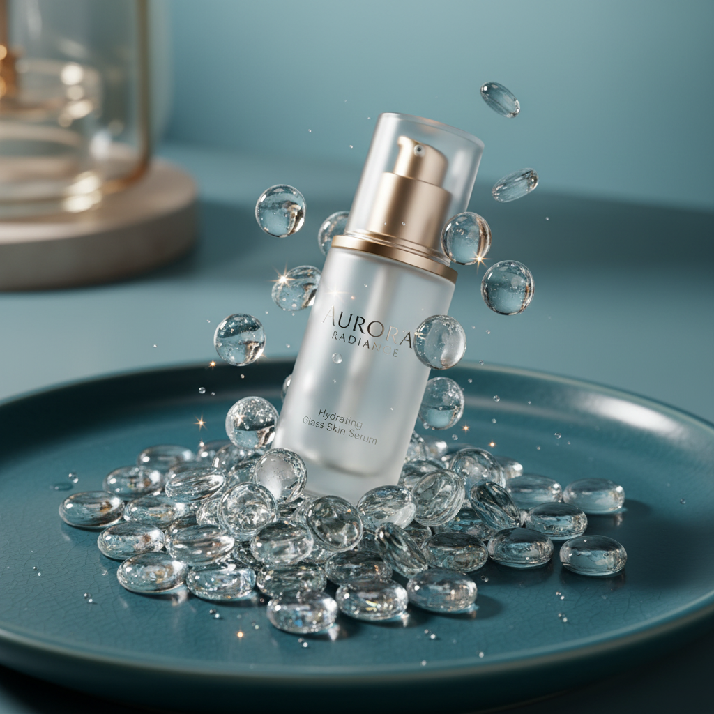 STONED clear glass pebbles 15kg scattered on blue plate surrounding a glass serum bottle