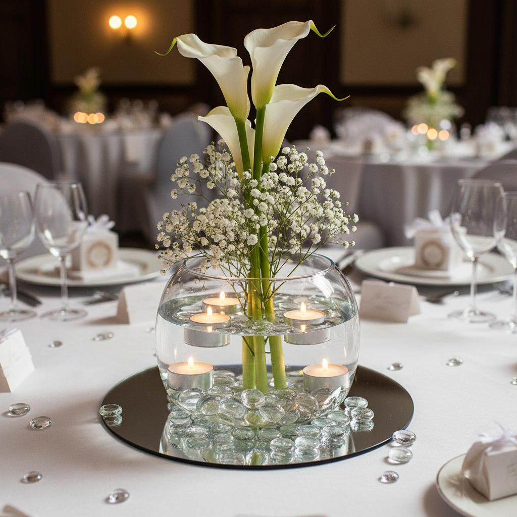 Clear glass pebbles 15kg used as decorative vase fillers with white flowers and floating candles on a table