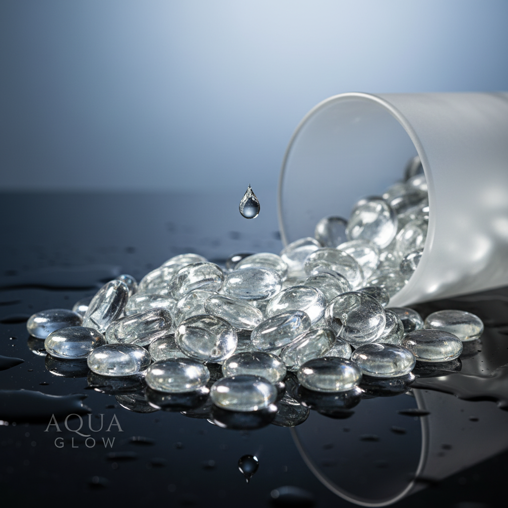 Clear glass pebbles 15kg spilling from a translucent container on a wet surface with water droplets