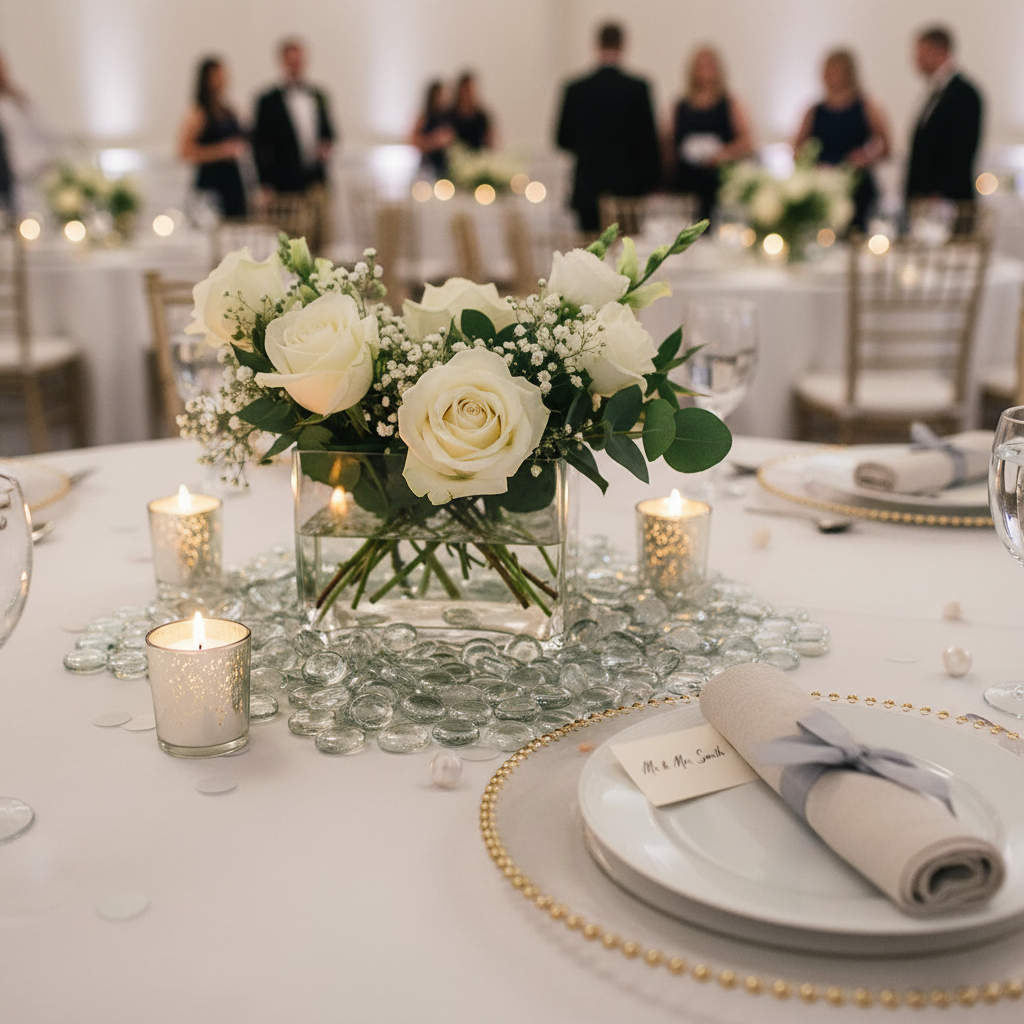 Clear glass pebbles 15kg used as table decoration with white roses and candles at an elegant event SGI Online