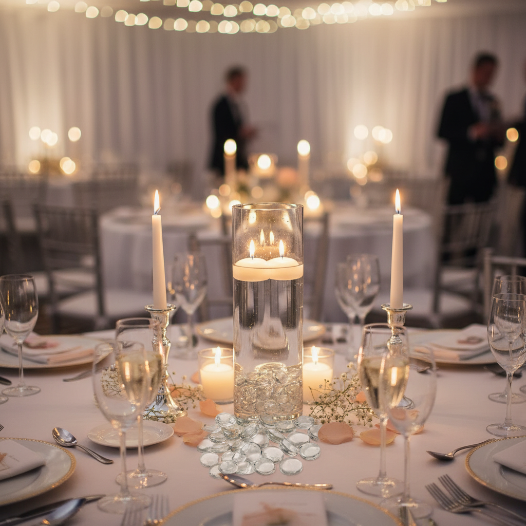 Elegant wedding table centerpiece featuring STONED clear glass pebbles with candles and floral decor