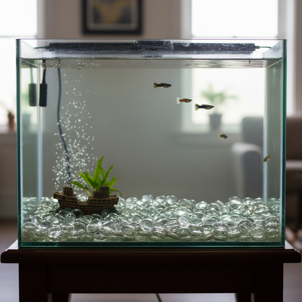 STOLED clear glass pebbles filling the bottom of a fish tank with small fish and a decorative plant SGI Online