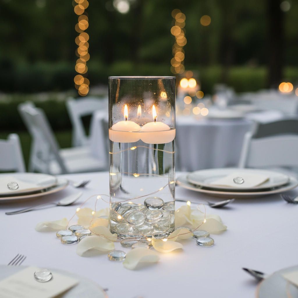 STONED clear glass pebbles used in a centerpiece with floating candles on a decorated event table