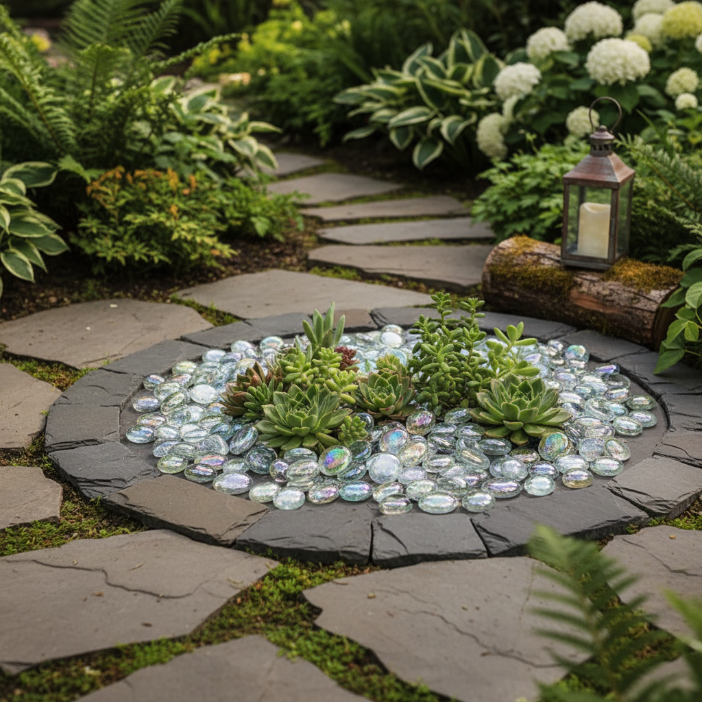 Clear iridescent glass pebbles surrounding succulent plants in a garden stone planter
