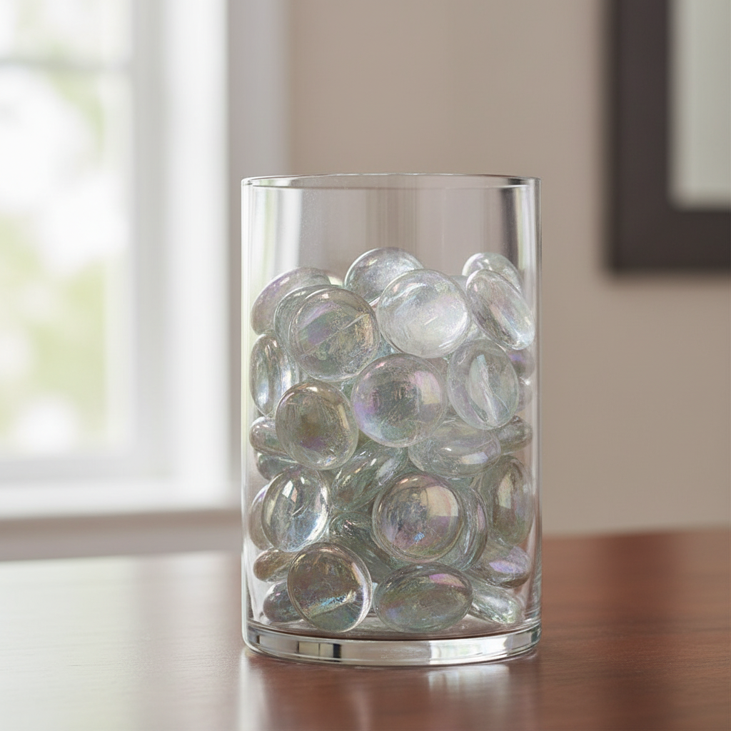 Clear iridescent glass pebbles by STONED in a clear glass vase on wooden table