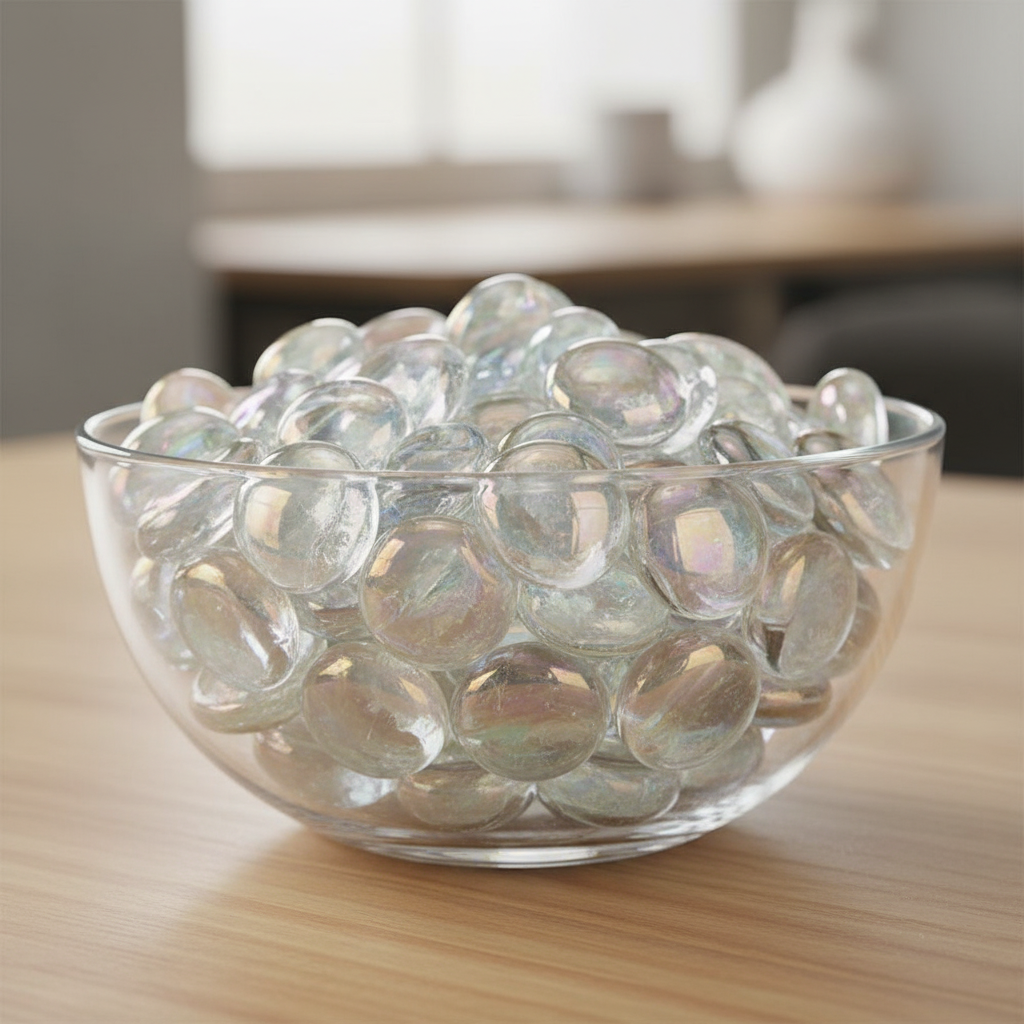 Clear iridescent glass pebbles in a transparent bowl on a wooden table by STONED SGI Online