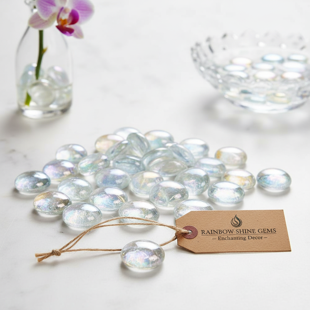 Clear iridescent glass pebbles by STONED displayed on a white surface with a flower vase and bowl