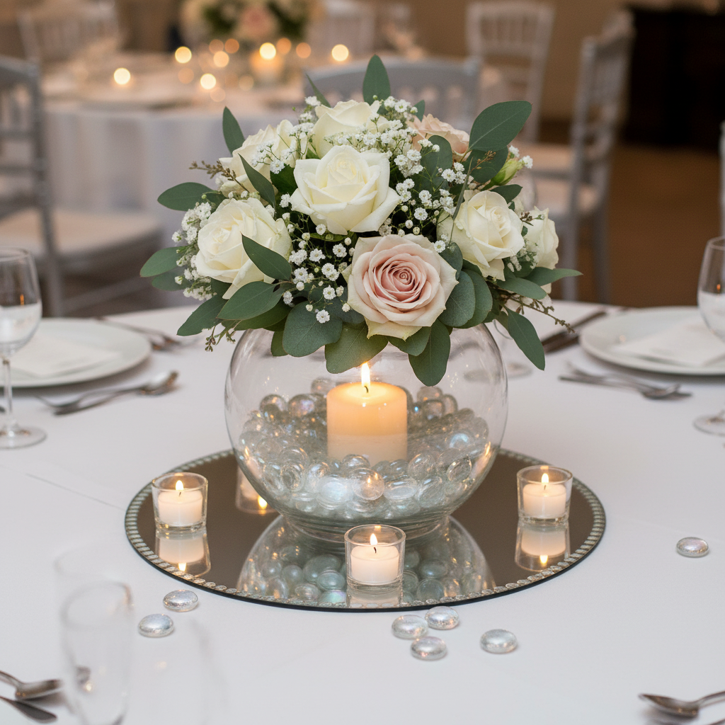 Clear iridescent glass pebbles in a round vase with white roses and candles centerpiece SGI Online