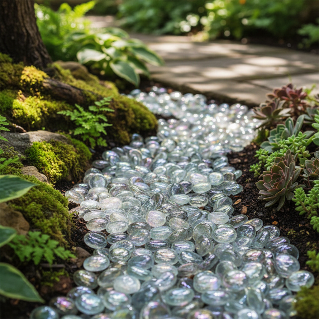 Clear iridescent glass pebbles by STONED creating a decorative path in a garden with moss and plants SGI Online
