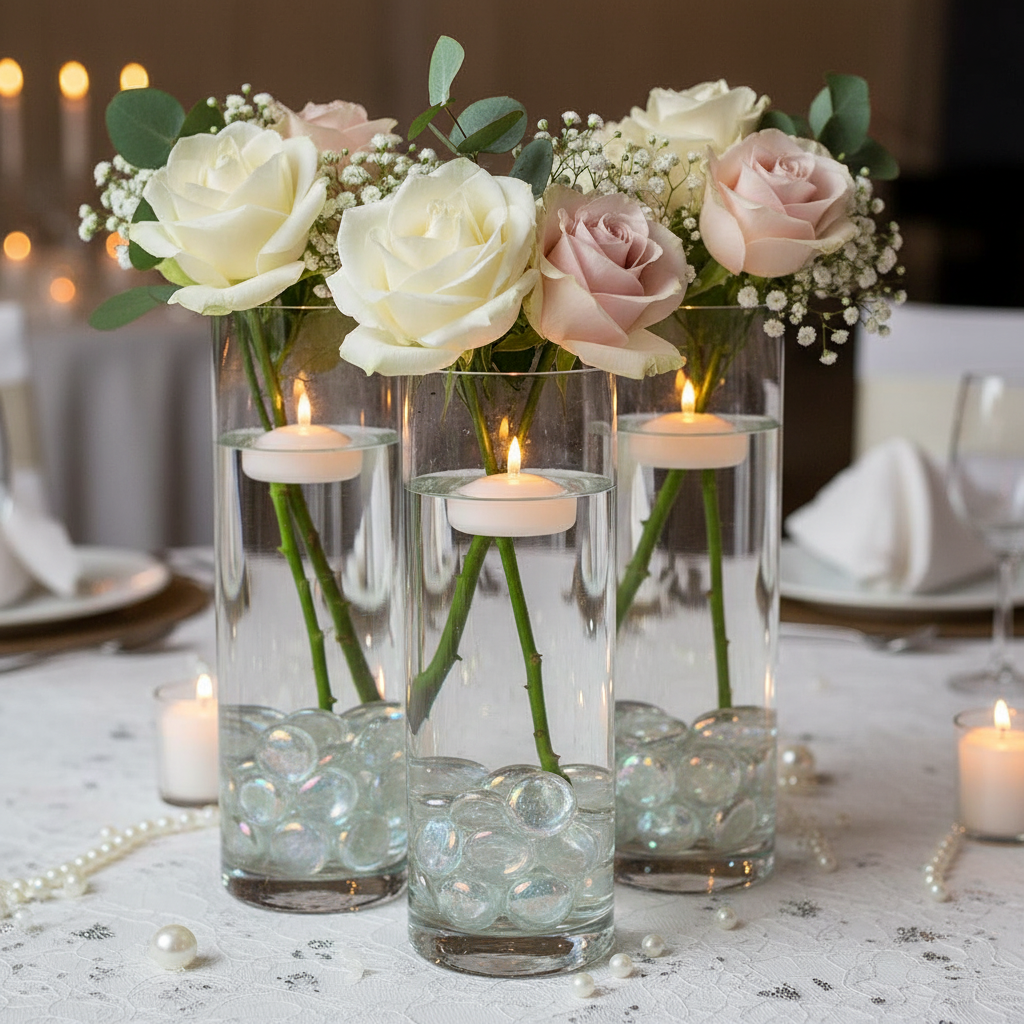 Clear iridescent glass pebbles by STONED in tall vases with floating candles and roses centerpiece