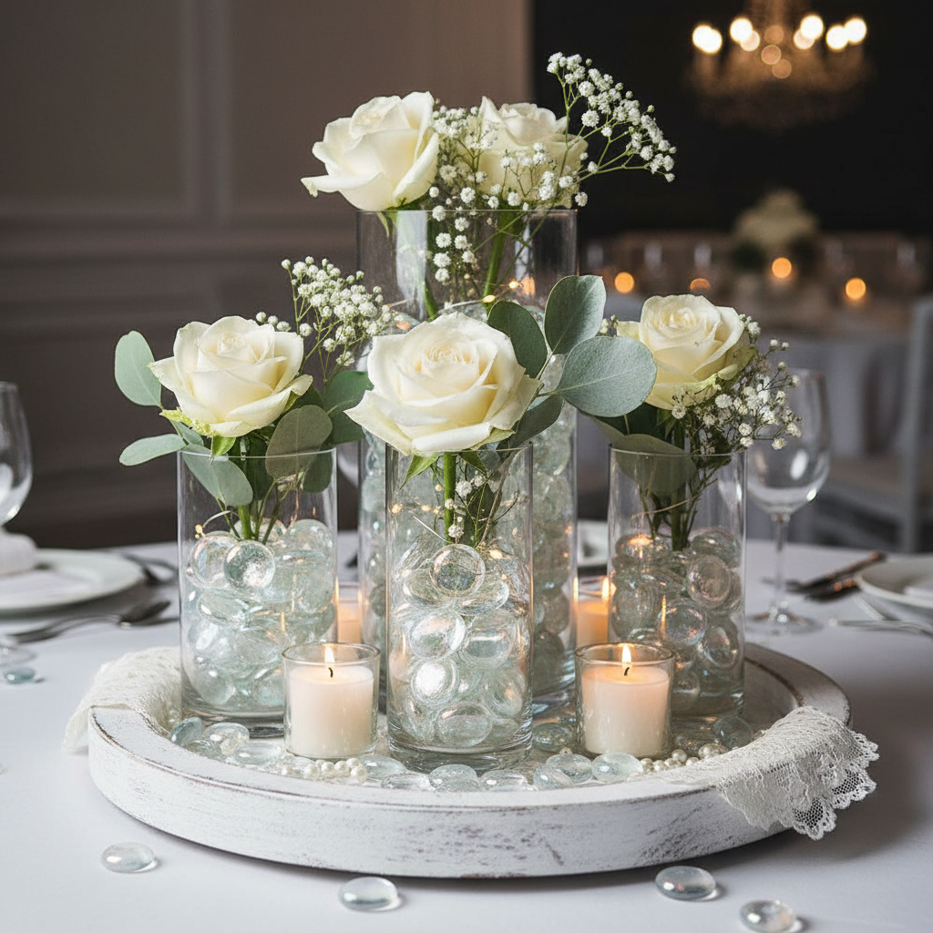 Clear iridescent glass pebbles filling vases with white roses and candles on a decorative tray SGI Online