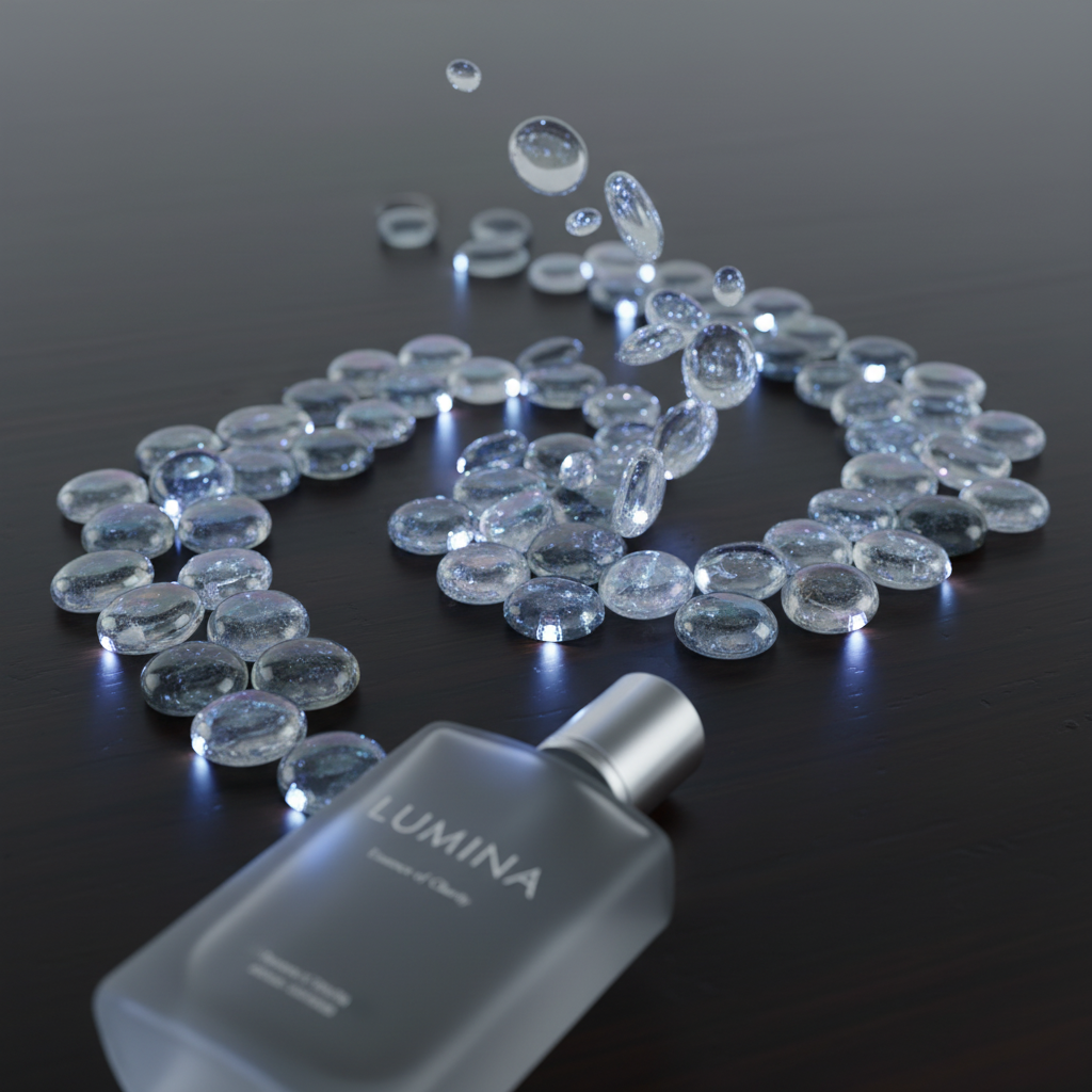 Clear iridescent glass pebbles arranged on a dark surface with a frosted Lumina bottle nearby