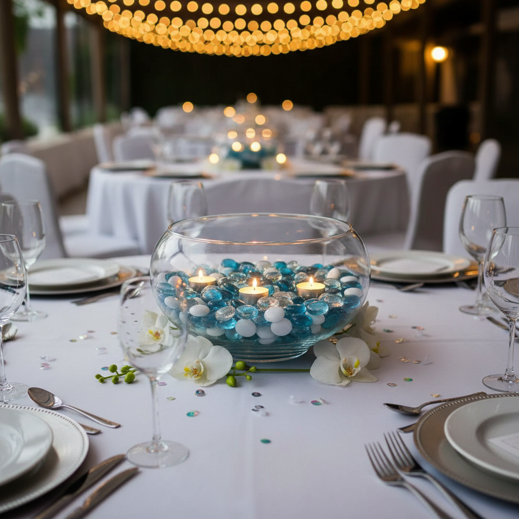 Clear turquoise white glass pebbles in a glass bowl centerpiece with floating candles on a white tablecloth