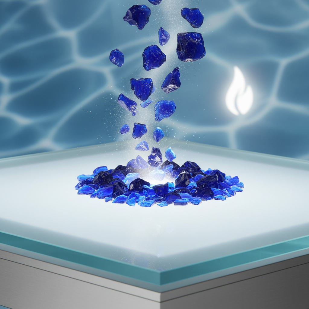 Cobalt blue glass chippings by STONED scattered on illuminated white surface with water ripple background
