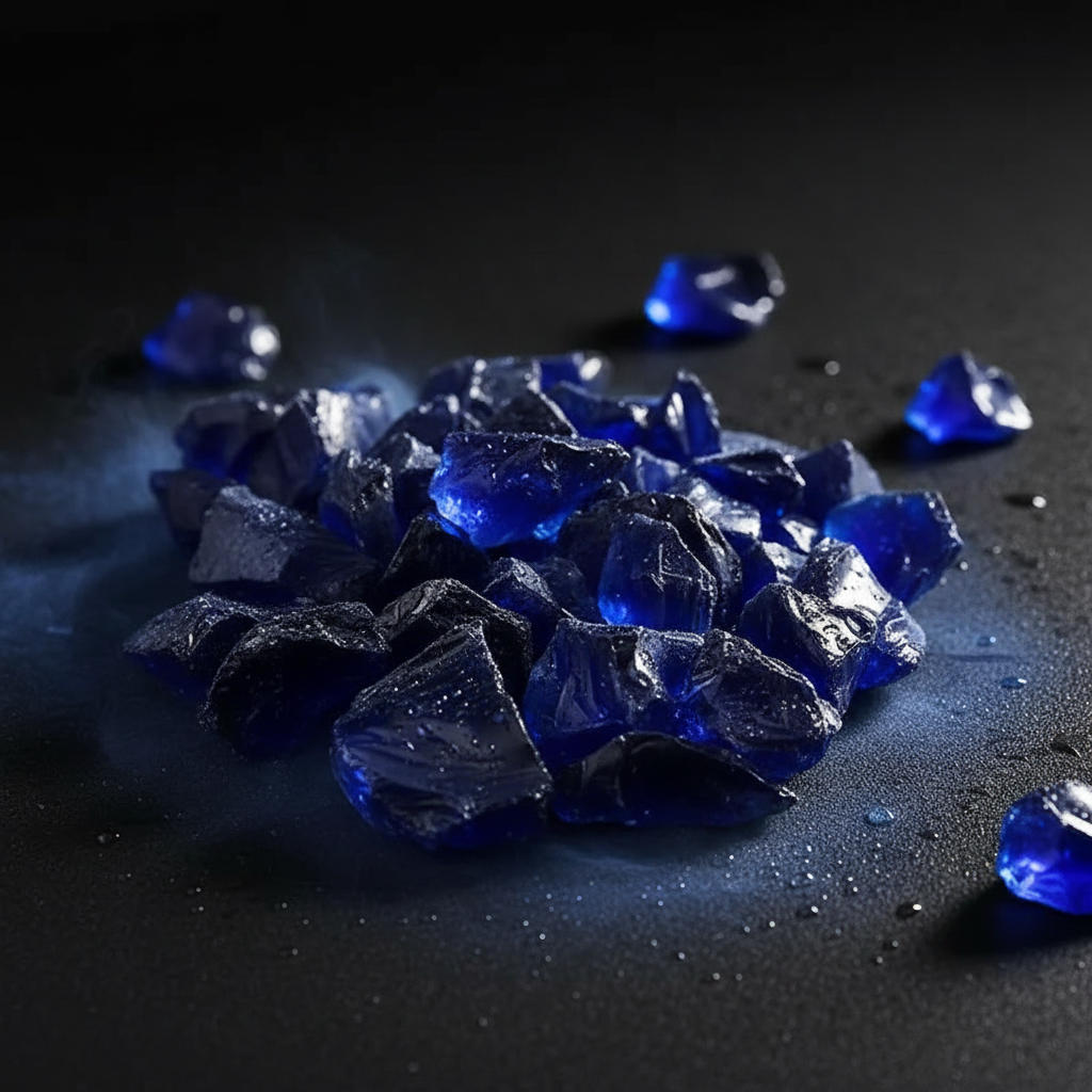 STONED cobalt blue glass chippings scattered on a dark surface with a glossy finish