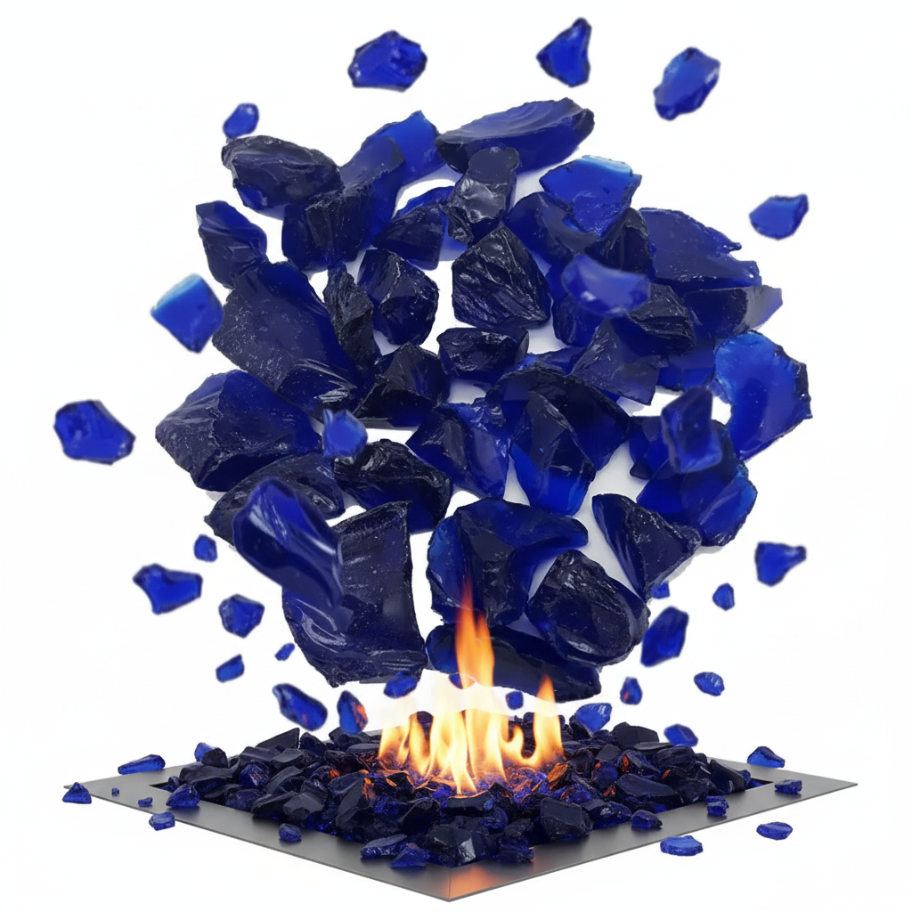 STONED cobalt blue glass chippings used as decorative fire pit stones with vibrant blue color