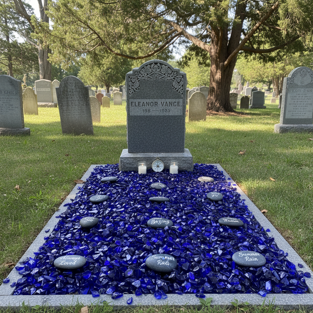 Grave covered with vibrant cobalt blue glass chippings from STONED with engraved memorial stones