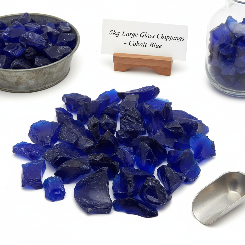 Stoned cobalt blue glass chippings scattered with metal scoop and containers for decoration