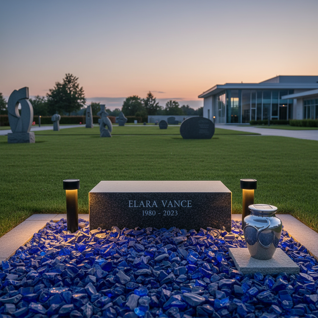 Memorial stone surrounded by cobalt blue glass chippings illuminated by ground lights at dusk