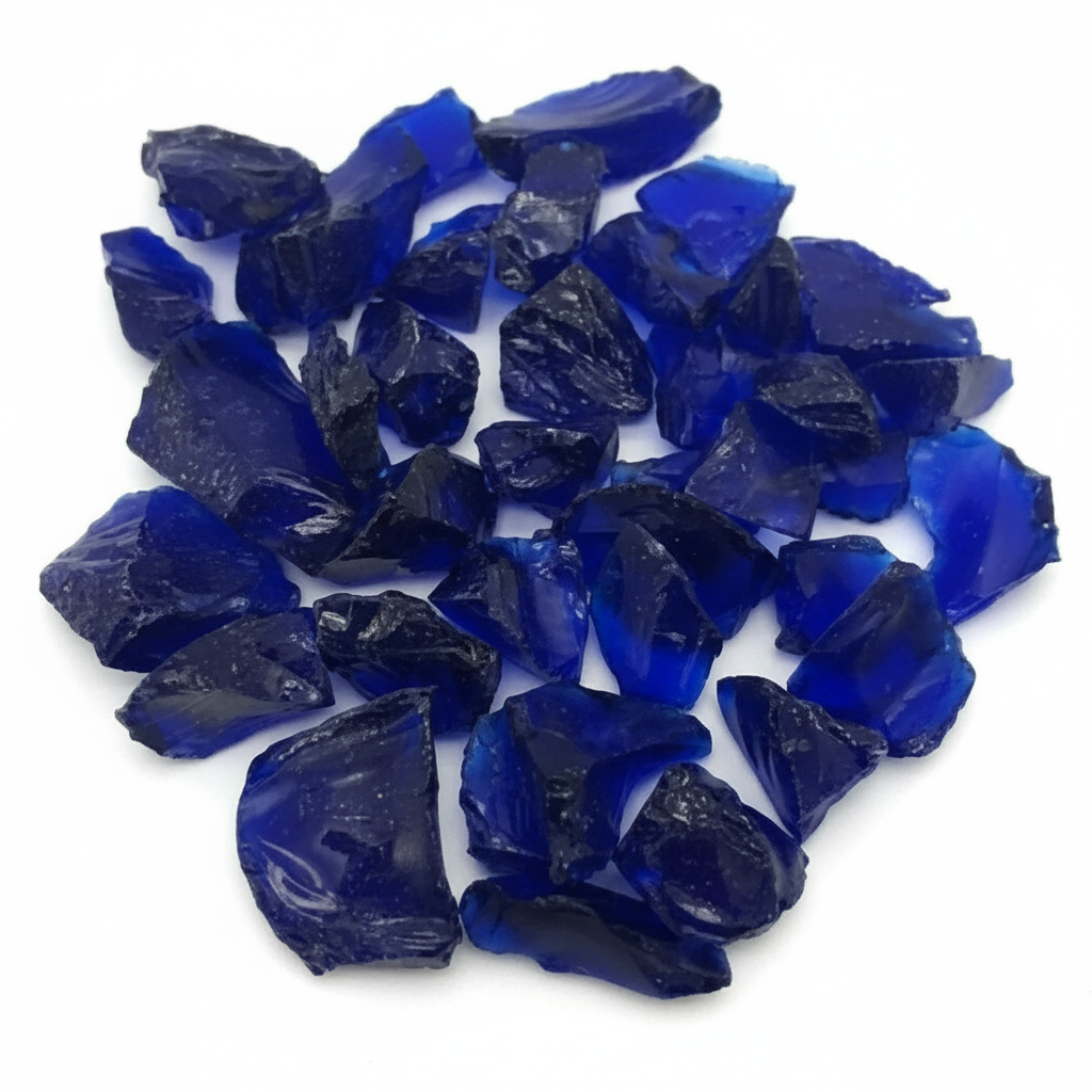 Cobalt blue glass chippings by STONED with irregular shapes and deep vibrant color on white background SGI Online