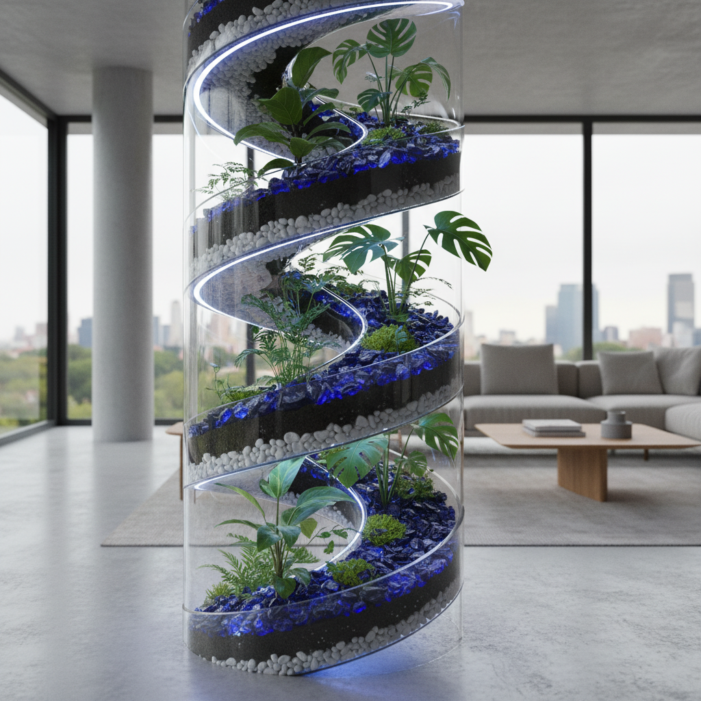 Spiral indoor planter decorated with cobalt blue glass chippings and green plants in modern living room