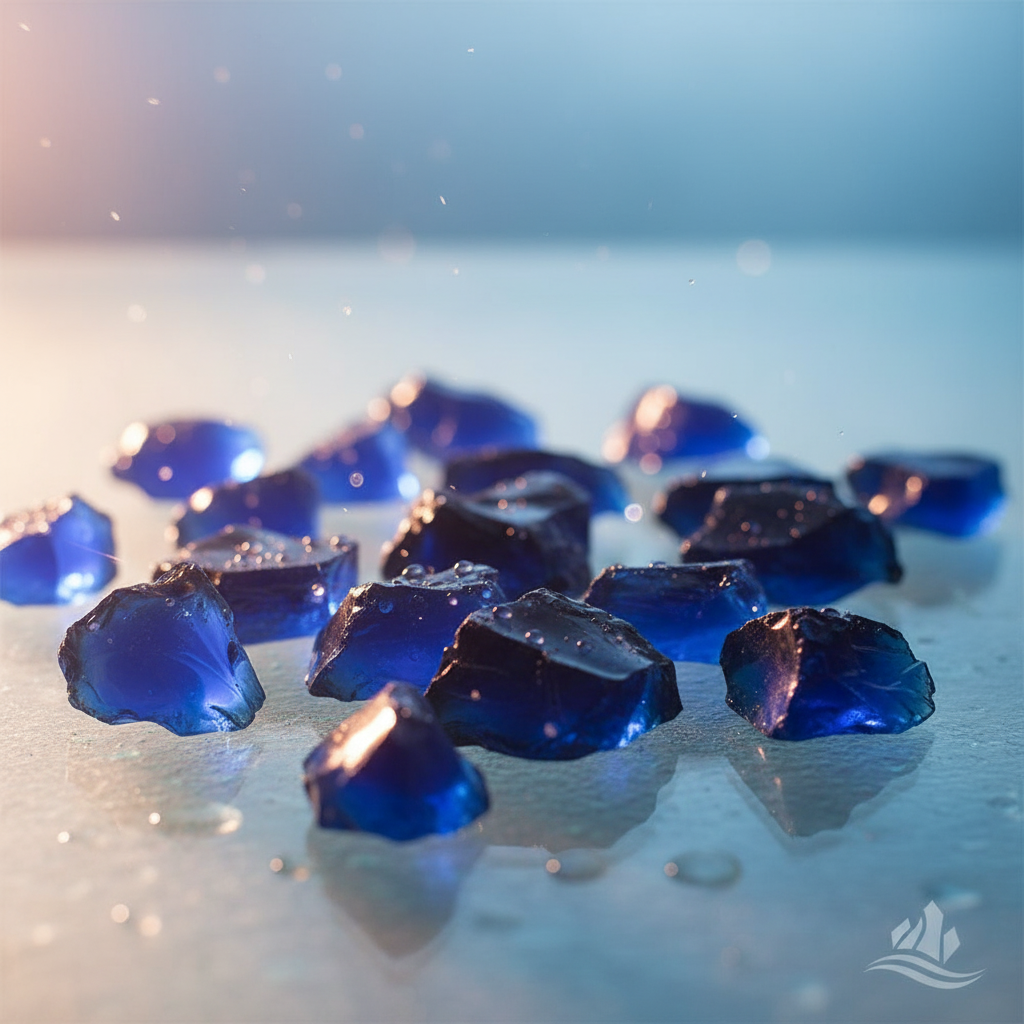 Close-up of STONED cobalt blue glass chippings scattered on a reflective surface with sunlight highlights SGI Online