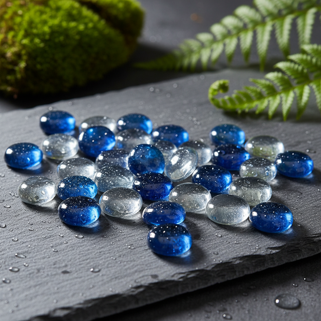 STONED cobalt blue glass pebbles for decor mixed with clear pebbles on a dark stone surface surrounded by greenery