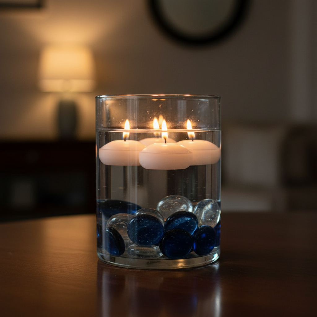 STONED cobalt blue glass pebbles for decor in a glass vase with floating candles on a wooden table
