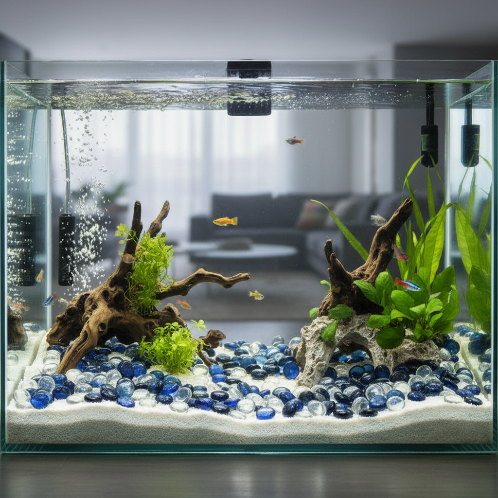 Aquarium decorated with cobalt blue glass pebbles for decor and aquatic plants with driftwood