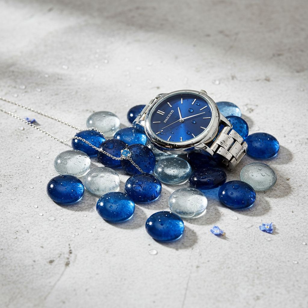 Cobalt blue glass pebbles for decor with silver watch and chain on a light textured surface SGI Online