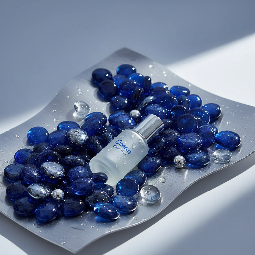 STONED cobalt blue glass pebbles arranged on a silver tray with a small frosted Ocean Essence bottle SGI Online