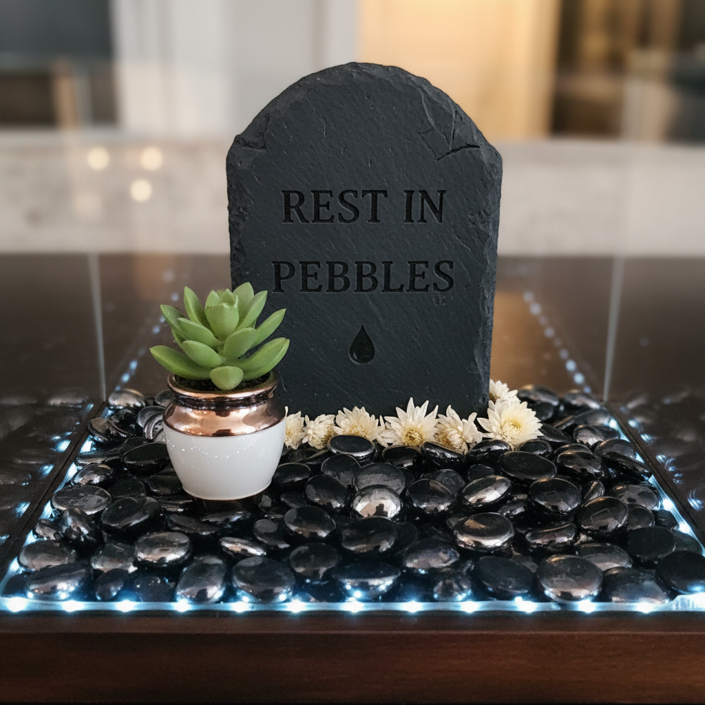 ST0NED black mirror glass pebbles arranged around a small plant and slate plaque with Rest in Pebbles text SGI Online