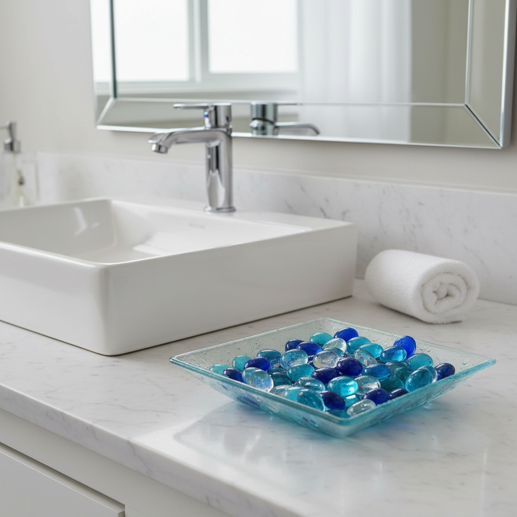 STONED decorative glass pebbles clear and blue in a square glass dish on a bathroom countertop