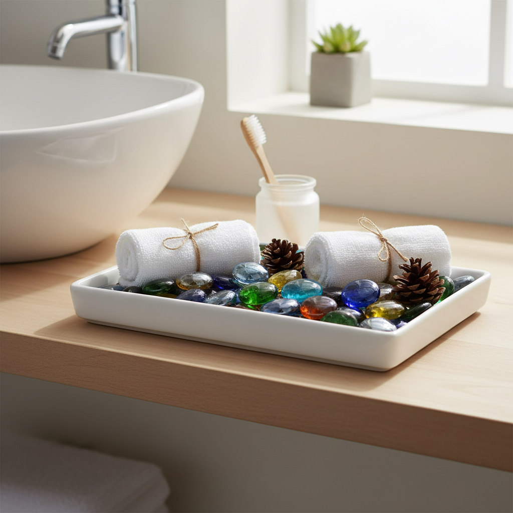 White ceramic tray with colorful decorative glass pebbles for home decor and rolled towels on a bathroom counter SGI Online