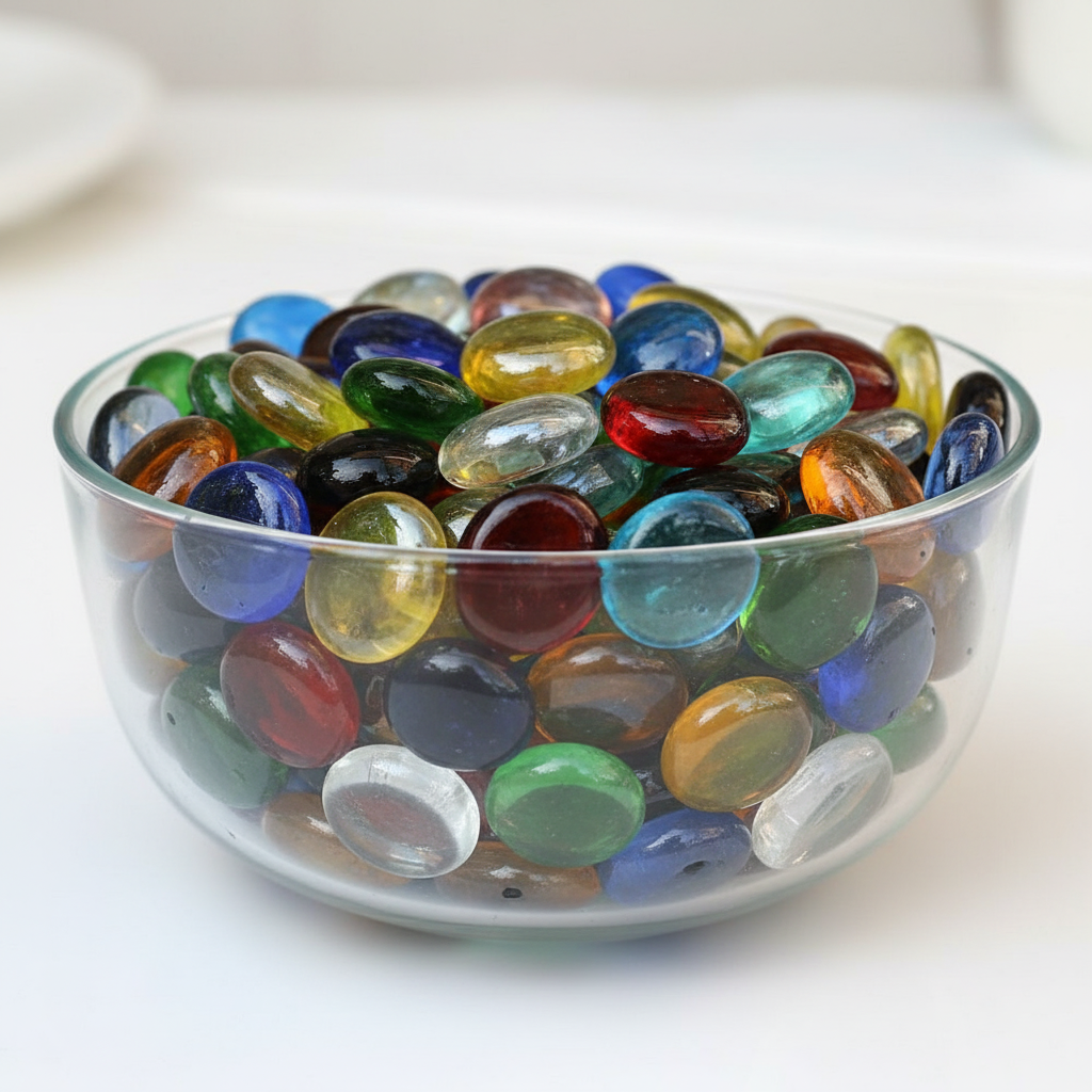 ST0NED decorative glass pebbles for home decor in assorted colors inside a clear glass bowl SGI Online