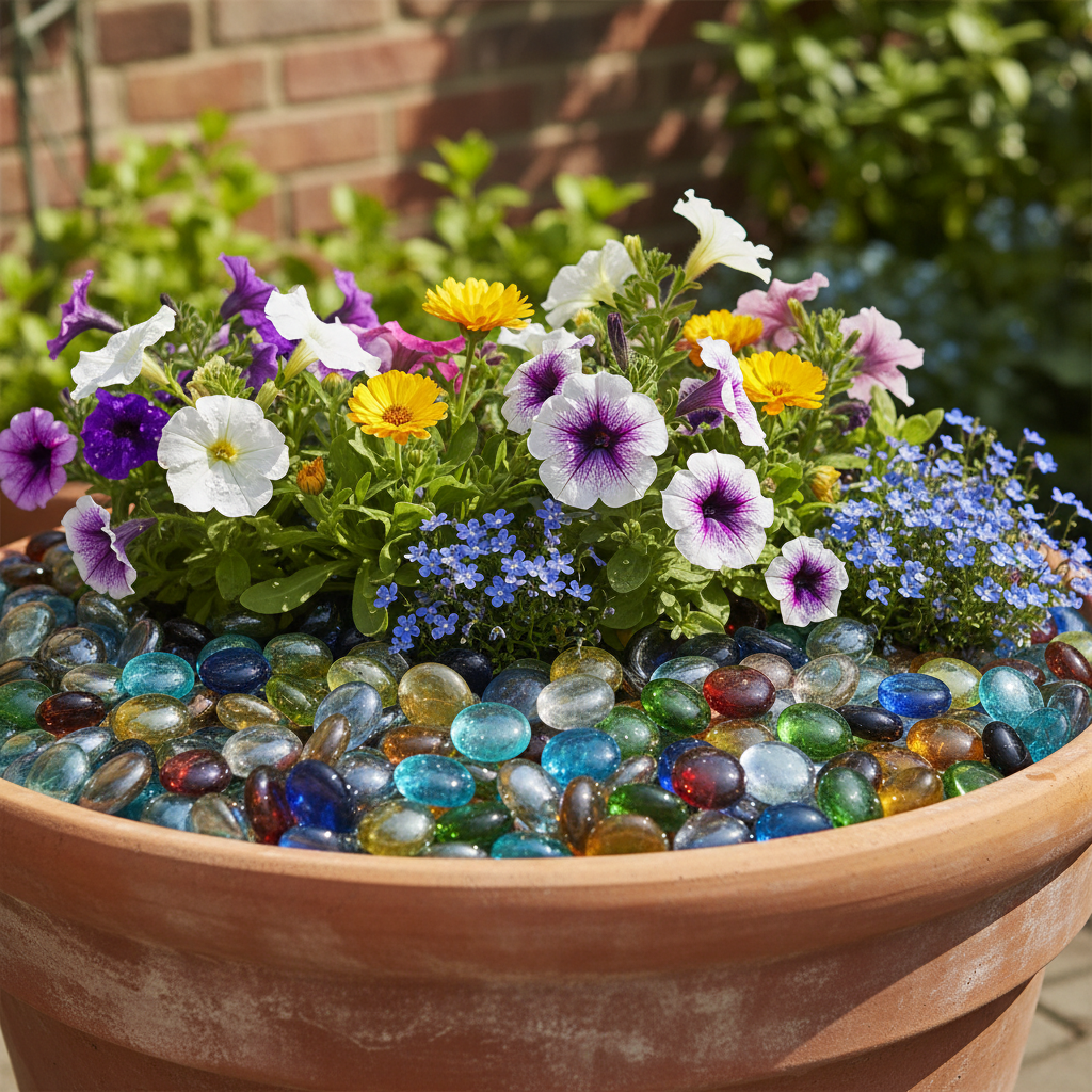 Colorful decorative glass pebbles for home decor in a terracotta pot with vibrant flowering plants