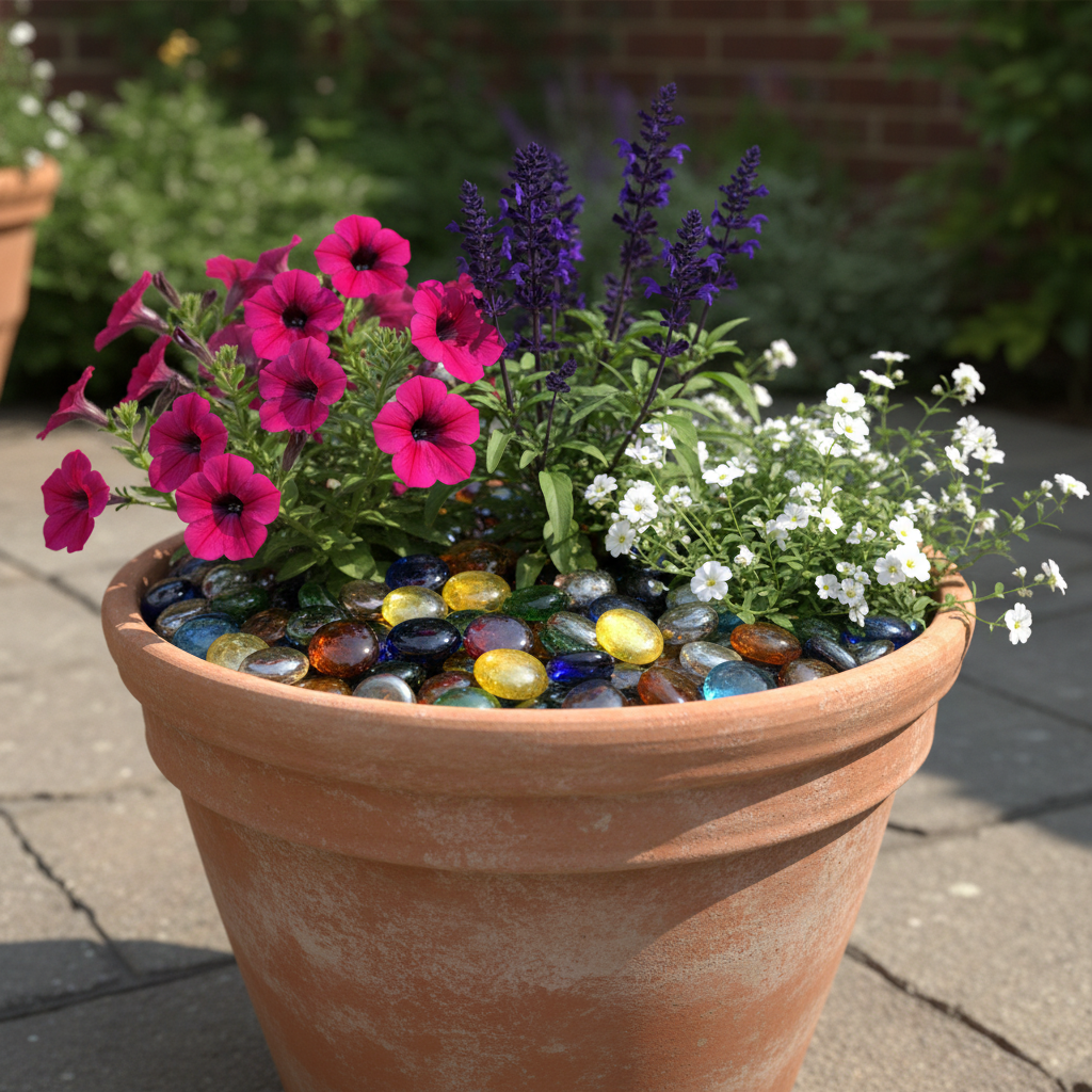 STONED decorative glass pebbles for home decor in a terracotta pot with vibrant pink, purple, and white flowers SGI Online