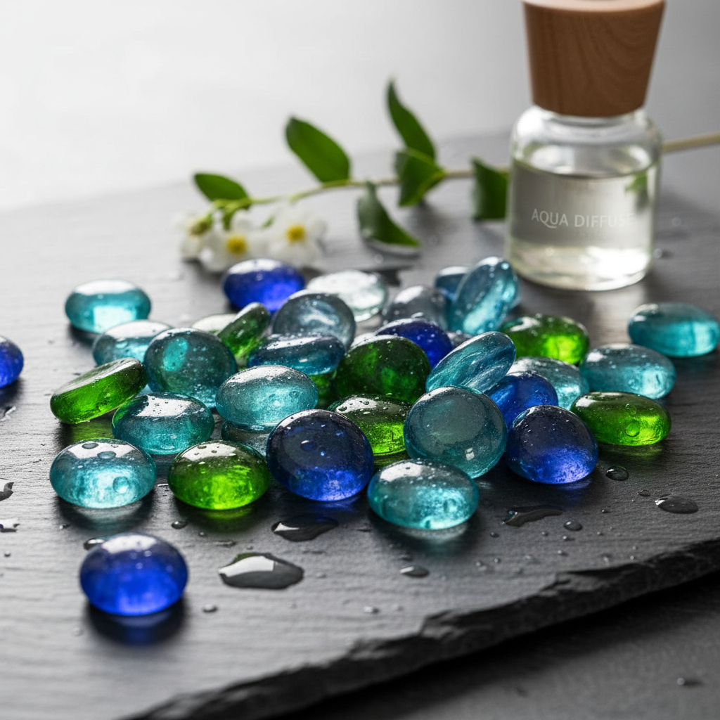 STONED decorative glass pebbles nautical in blue and green shades on black slate surface SGI Online