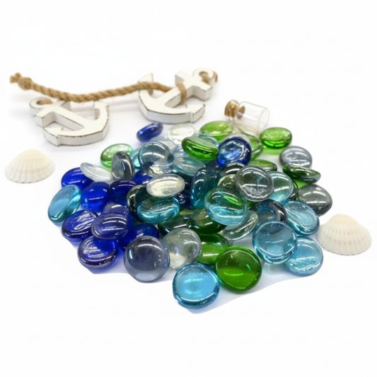 STONED decorative glass pebbles nautical in blue green and clear colors with seashells and anchors SGI Online