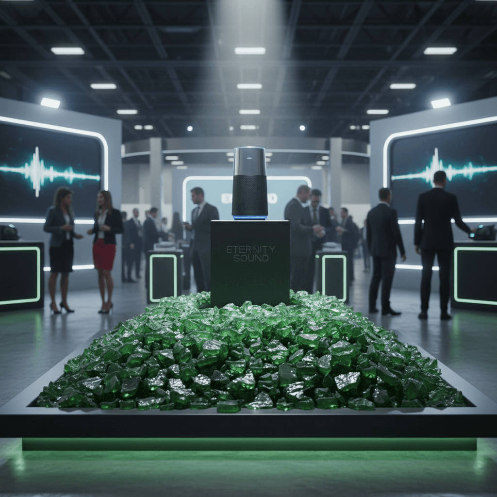 STONED decorative glass stones 2kg green glass chippings displayed on a platform at a modern exhibition SGI Online