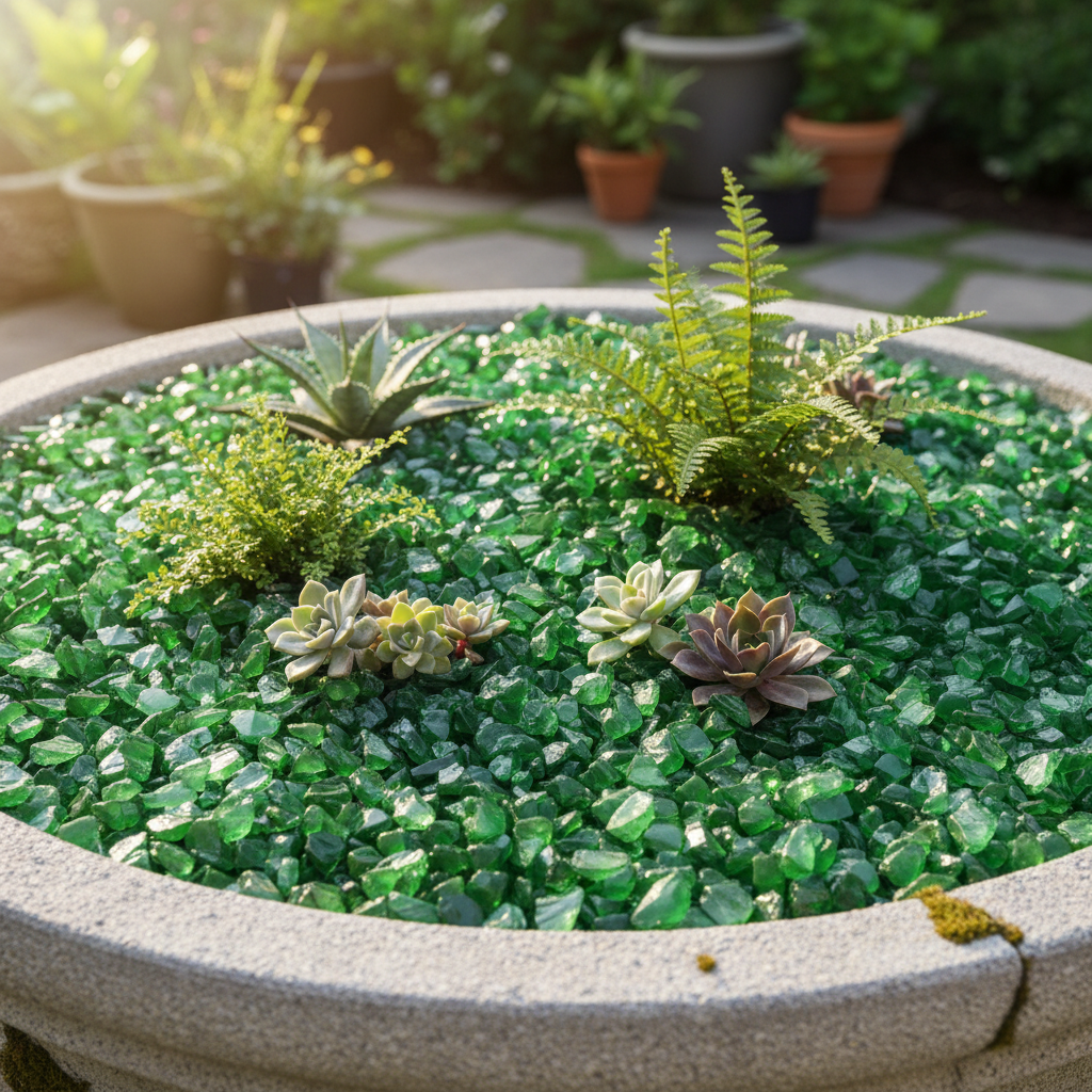 Green decorative glass stones 2kg spread in planter with small succulent plants outdoors