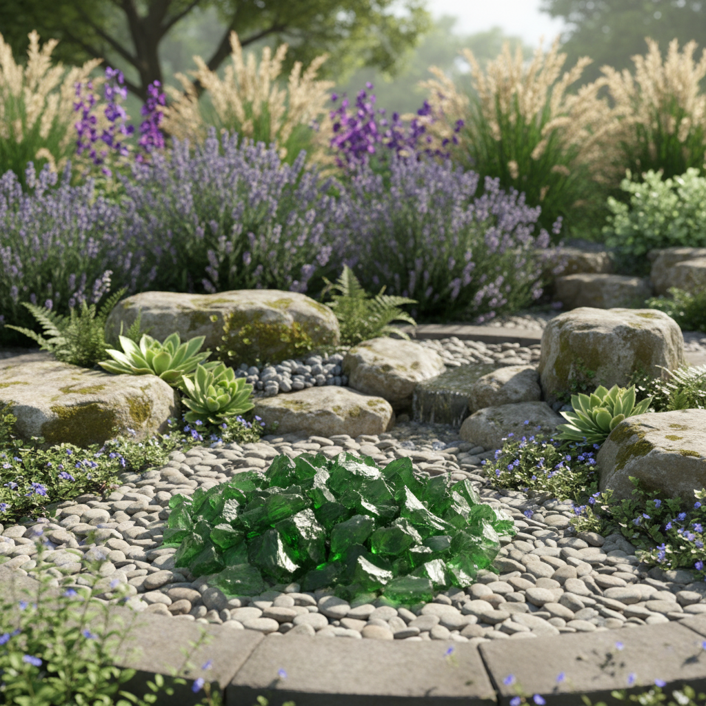 STONED decorative glass stones 2kg green glass chippings arranged in garden rock landscape