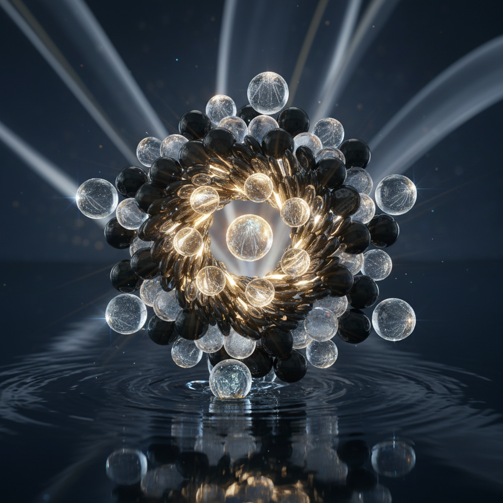 STONED black and clear glass pebbles arranged in a glowing artistic circular pattern on reflective surface