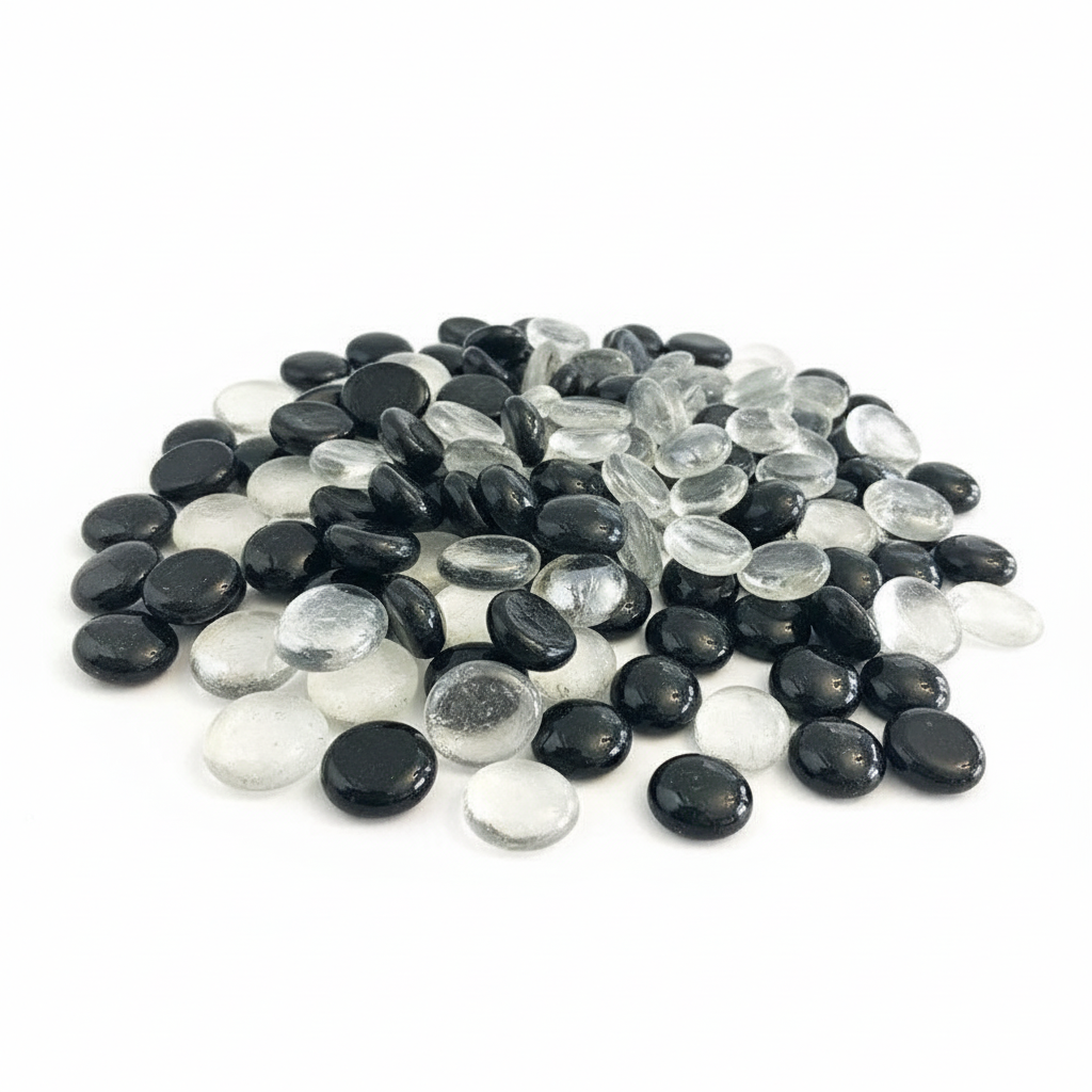 STONED black and clear glass pebbles scattered on white background for decorative use SGI Online
